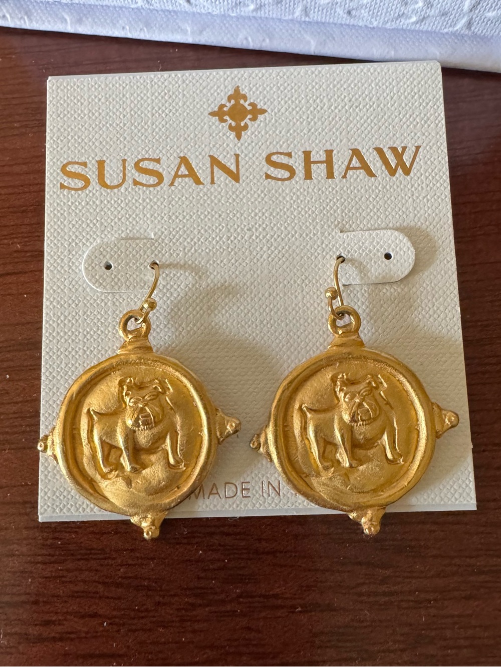 Susan Shaw Gold Bulldog Medallion Dangle Earrings